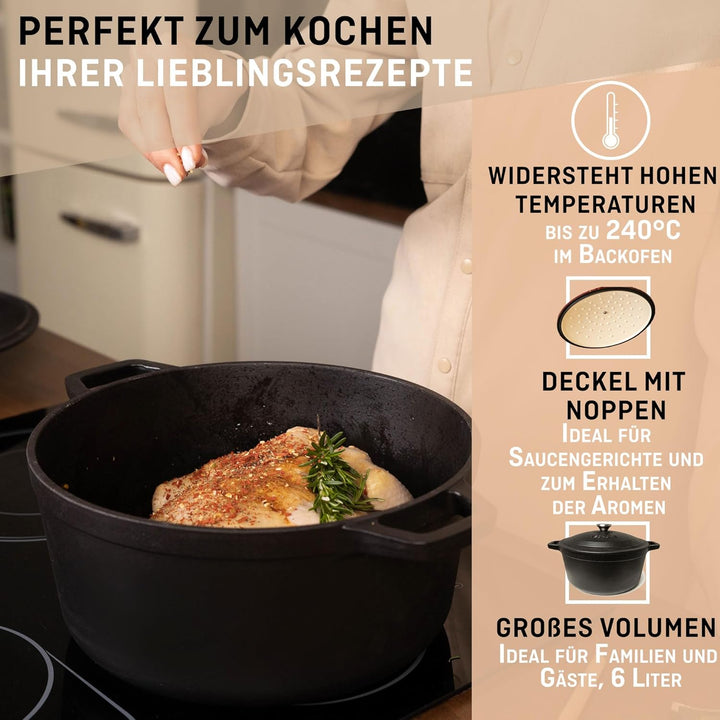 VeoHome Gusseisentopf 6L | Bräter | Gusseisen Topf matt schwarz - Schmortopf |Bratentopf | Bratpfann
