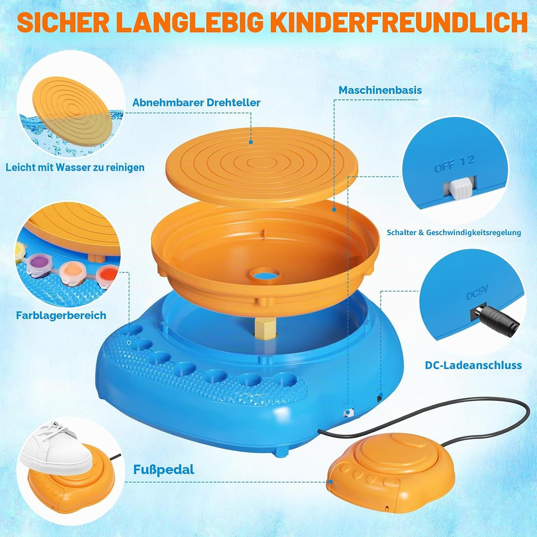 Töpferscheibe Kinder elektrisch,Töpferset 6-12 Jahre mit Ton | Komplettes DIY-Bastelset mit 3x luftt
