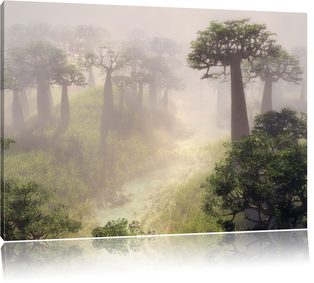Mysteriöser Wald im Nebel, Format: 100x70 auf Leinwand, XXL riesige Bilder fertig gerahmt mit Keilra