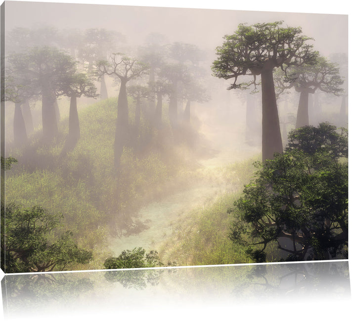 Mysteriöser Wald im Nebel, Format: 100x70 auf Leinwand, XXL riesige Bilder fertig gerahmt mit Keilra