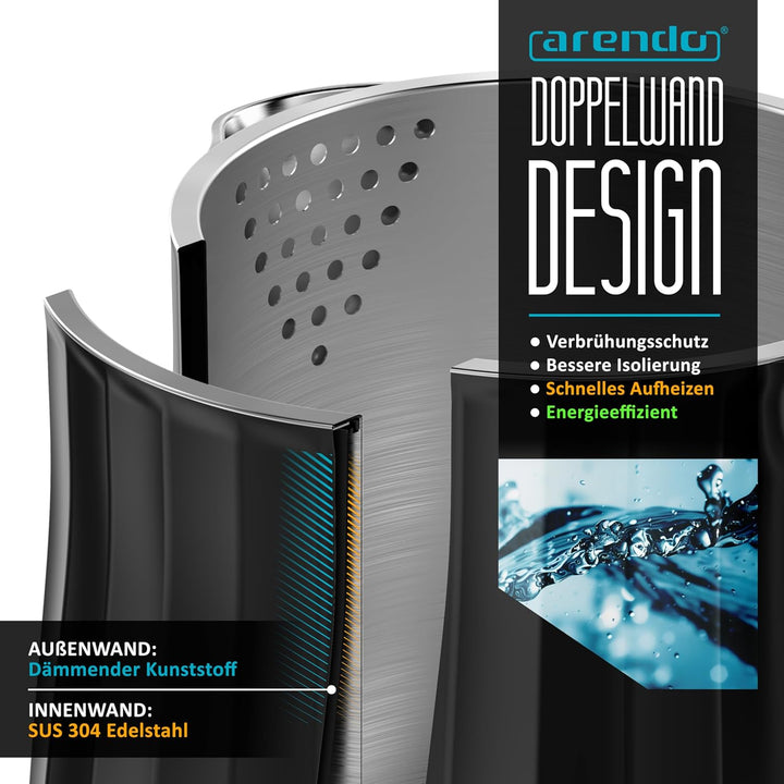 Arendo - digitaler Wasserkocher mit Temperatureinstellung - Edelstahl - Display im Gehäuse - Kabello