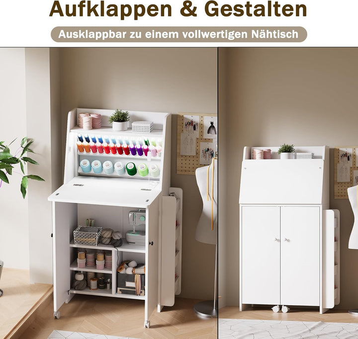 LED Nähtisch klappbar mit 33 Garnhalter & 2 Steckdosen, USB+Typ-C Nähmaschinenschrank mit viel Staur
