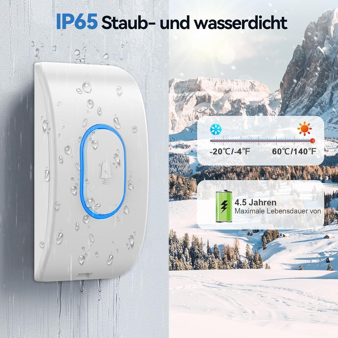 TECKNET Türklingel IP65 Funkklingel Aussen Wasserdicht | 400m Reichweite, Klingelset mit 1 Sender +