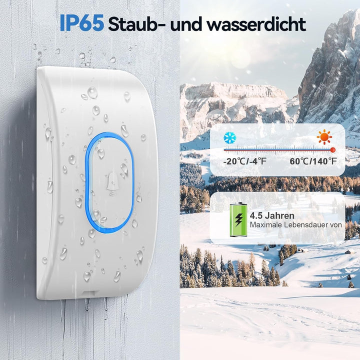 TECKNET Türklingel IP65 Funkklingel Aussen Wasserdicht | 400m Reichweite, Klingelset mit 1 Sender +