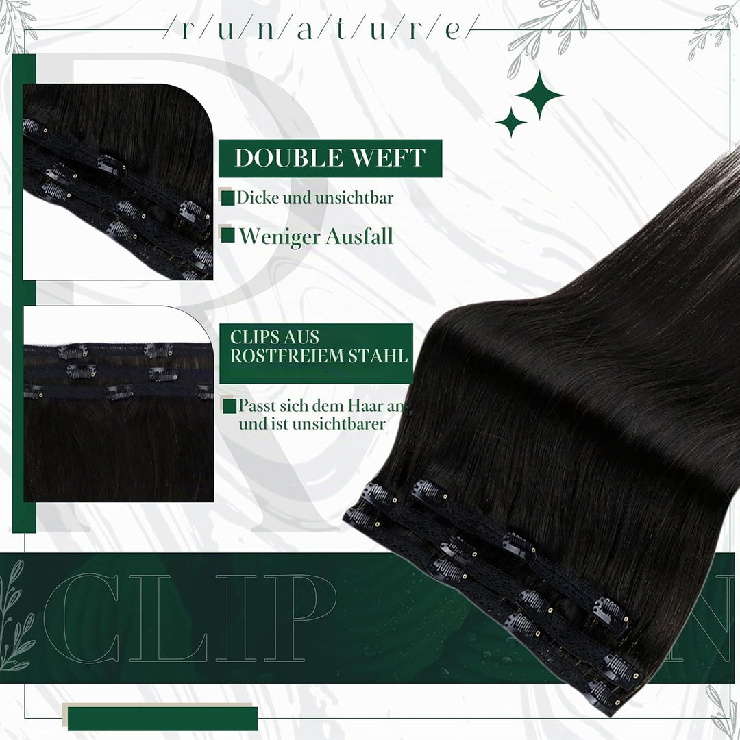 RUNATURE Clip in Extensions Echthaar Schwarz Glatt 40cm Echthaar Extensions Clip Naturliches Schwarz