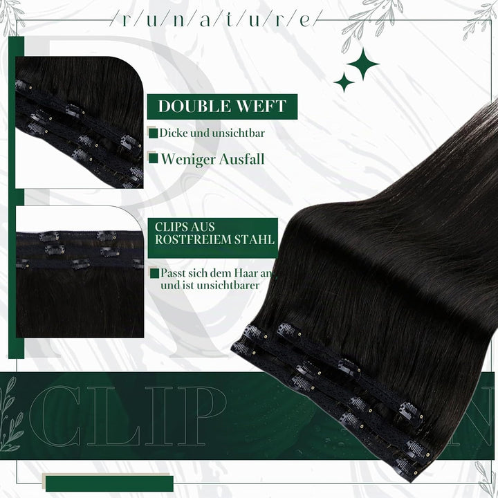RUNATURE Clip in Extensions Echthaar Schwarz Glatt 40cm Echthaar Extensions Clip Naturliches Schwarz