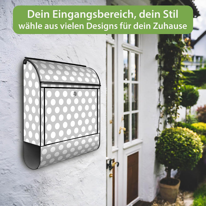 banjado® Design Briefkasten mit Motiv Punkte Grau 39x47x14cm &amp; 2 Schlüssel - Briefkasten Stahl schwa
