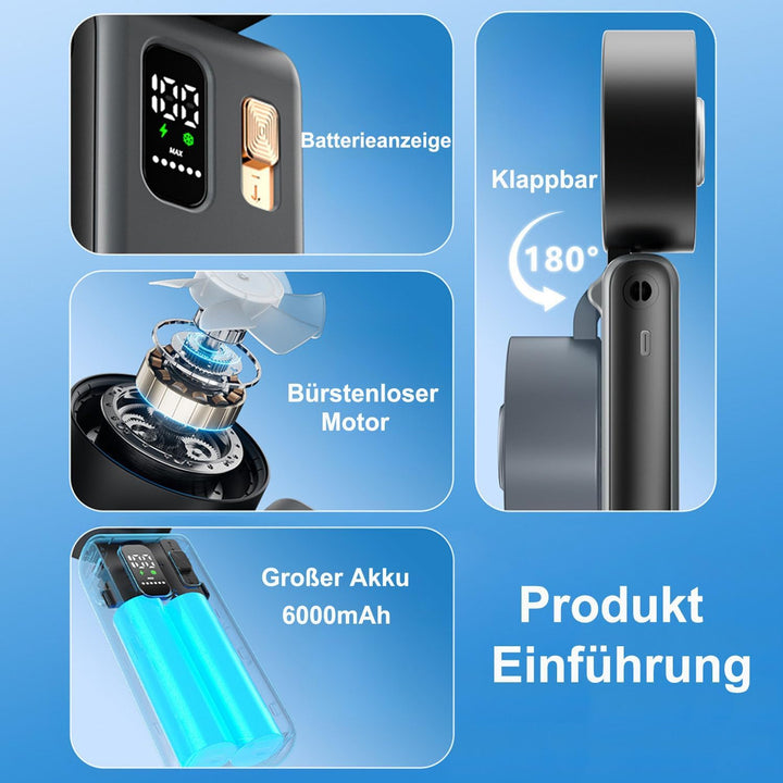 Handventilator Tragbarer, Mini USB Ventilator Akku-Aufladbar 6000mAh mit 100 Stufen, 180° Faltbarer