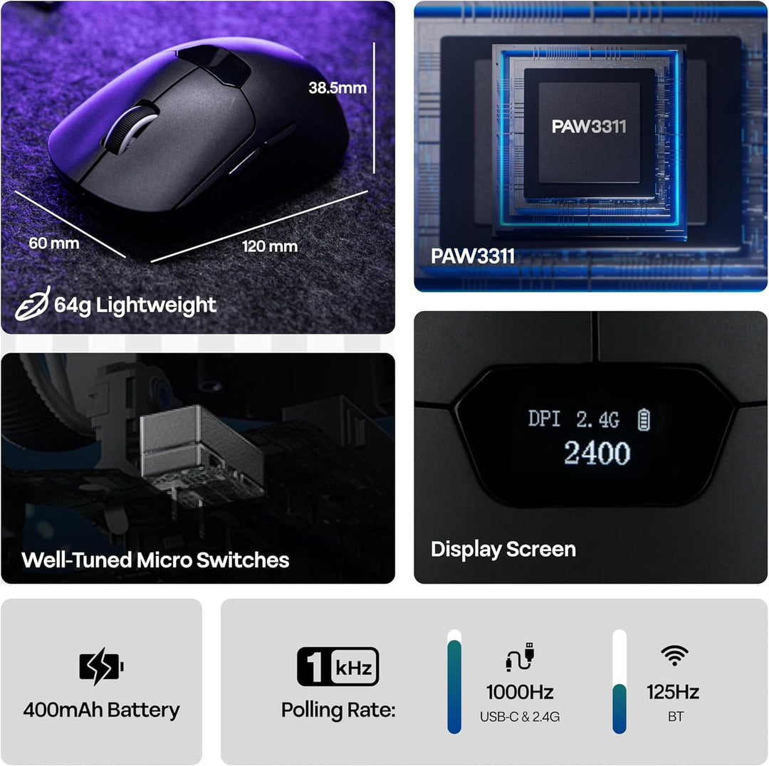 MechLands Aula SC390 – Leichte Gaming-Maus mit Display, kabellose 2,4-GHz-/USB-C-/BT-Maus mit 400-mA