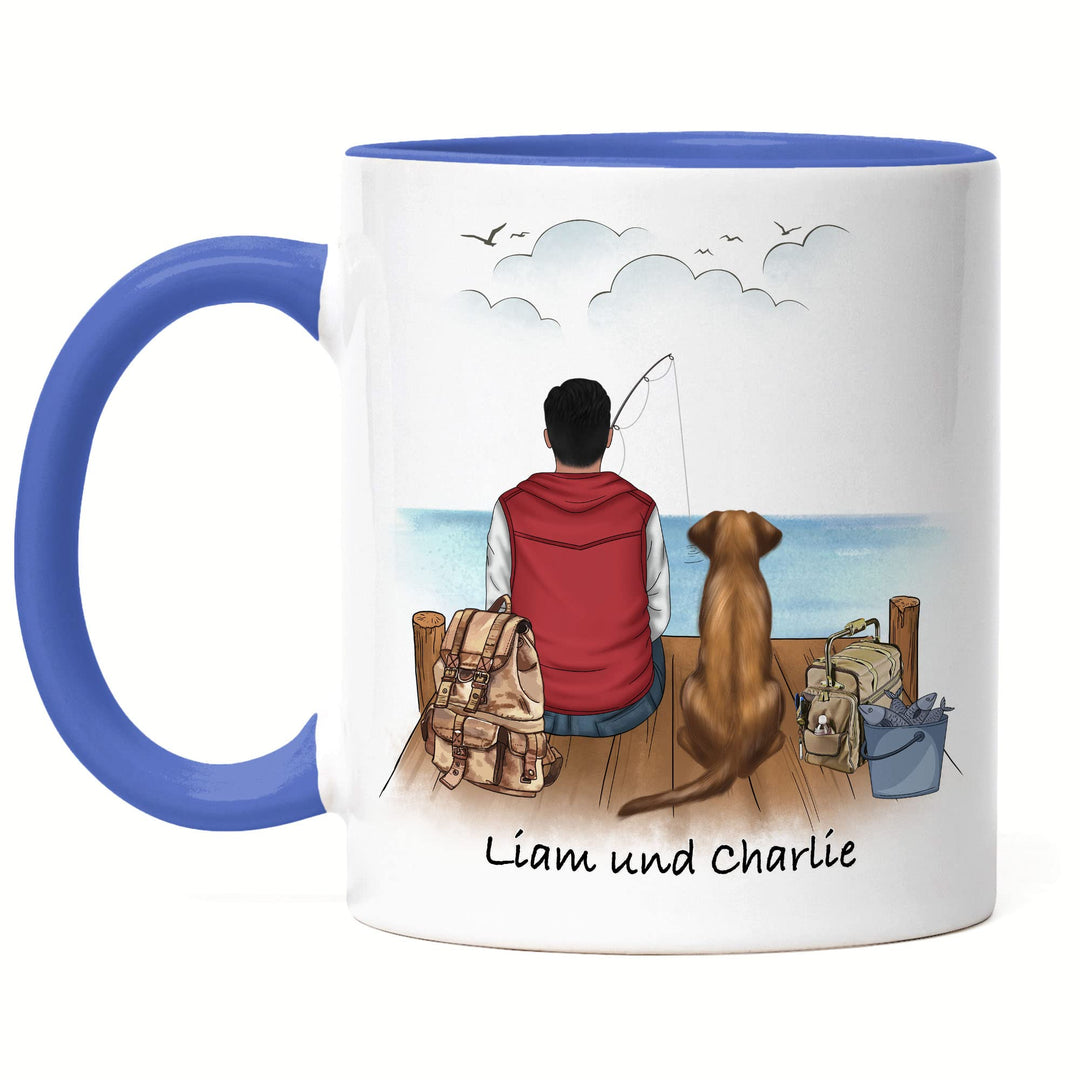 Angler &amp; Hund Tasse Blau Personalisiert Individuell mit Name Angeln Fischen Geschenk Opa Vater zum V