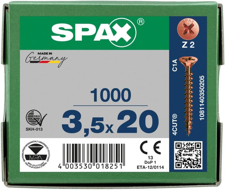 SPAX Universalschraube, 3,5 x 20 mm, 1000 Stück, Kreuzschlitz Z2, Senkkopf, Teilgewinde, 4CUT, Brüni