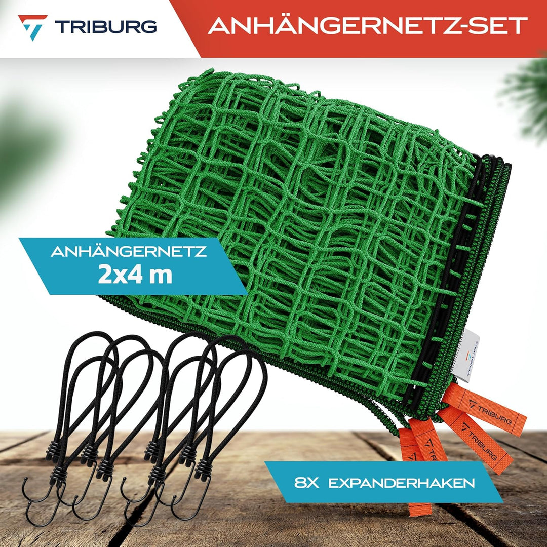 TRIBURG Anhängernetz 2x4 inkl. 8X Expander Haken - Anhänger Netz mit Eckmarkierungen und Randverstär