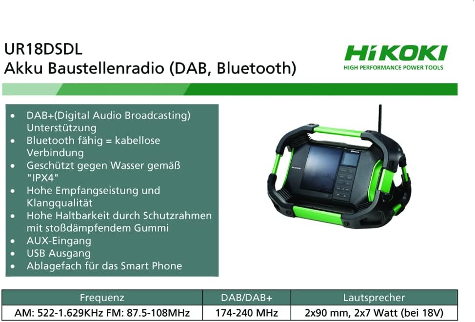 HiKOKI Akku-Baustellenradio UR18DSDL (Bluetooth, DAB+, USB, Wassergeschützt, AUX, Hohe Empfangsleist