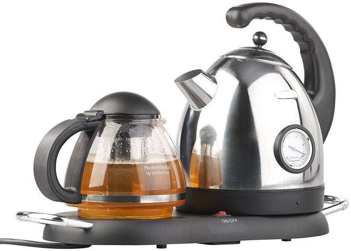 Rosenstein &amp; Söhne Teekanne elektrisch: Edelstahl-Wasserkocher WSK-300.set mit Teekanne (Tee Bereite