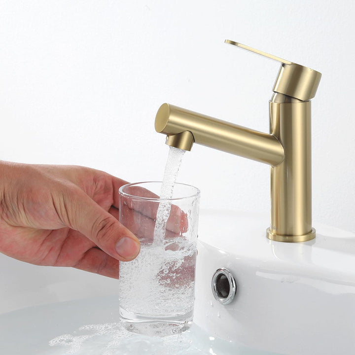 Wasserhahn Bad Gold Matt, Edelstahl Waschtischarmatur mit Auslauf Höhe 87 mm, Einhebelmischer Waschb