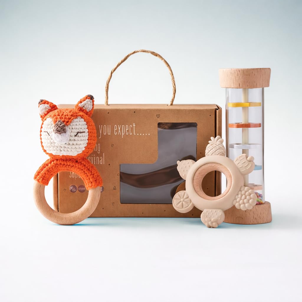AURÉLIE & CO. Baby Rassel & Greifling Set Fuchs – 3-tlg. Montessori Holzspielzeug Geschenkset zur Ge