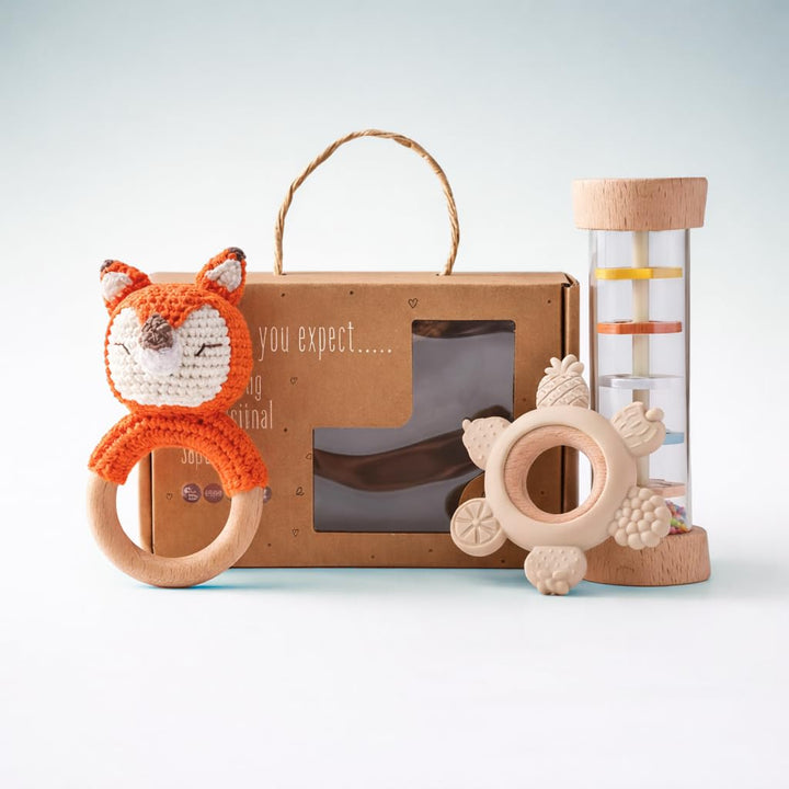 AURÉLIE & CO. Baby Rassel & Greifling Set Fuchs – 3-tlg. Montessori Holzspielzeug Geschenkset zur Ge