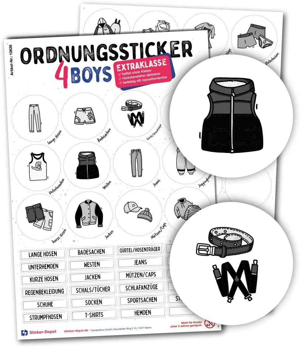 68 kindgerechte Aufkleber für Kleidung - Für Kleiderschränke, Boxen & Möbel - Sorgen für Ordnung im