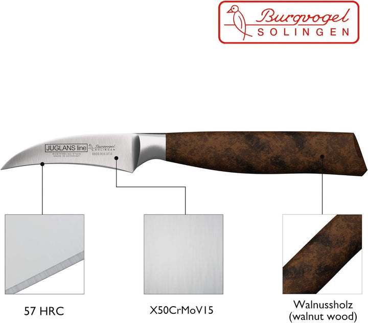Burgvogel Solingen Juglans Line Küchenmesser Walnussholz 7 cm, rostfrei, Officemesser scharf geschmi