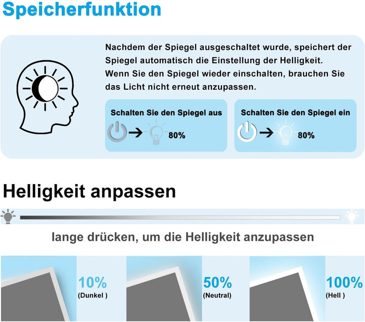 Badspiegel mit Beleuchtung 70x50cm Sensor-Schalter Beschlagfrei Kaltweiss dimmbar Memory-Funktion LE