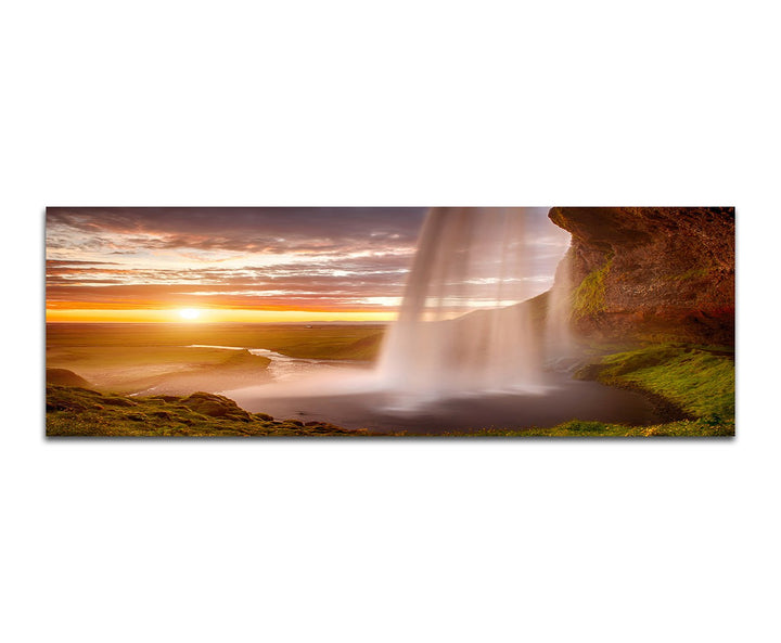 Paul Sinus Art Panoramabild auf Leinwand und Keilrahmen 150x50cm Meer Felsen Wasserfall Sonnenunterg