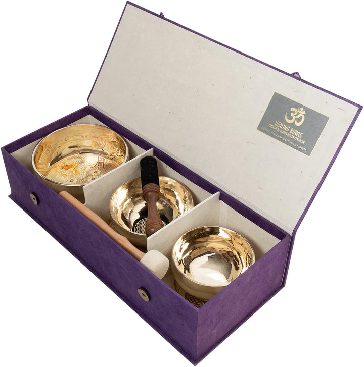 Healing-Box mit 3 besonderen, fein gravierten Klangschalen in Hochglanz-Optik für Meditation u. Klan