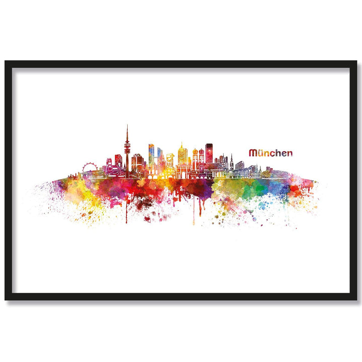 JUNIWORDS Poster mit/ohne Holzrahmen, Wähle ein Motiv, Aquarell Skyline München, Wähle eine Grösse,