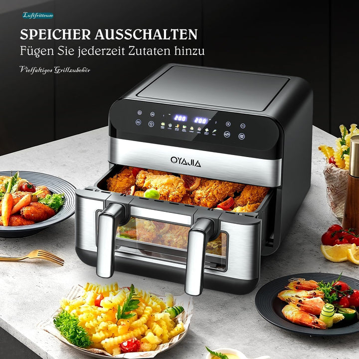 Heissluftfritteuse mit Sichtfenster, 10L XL Kapazität Doppel-Airfryer, 8-in-1 Kochvorgaben, LED Touc