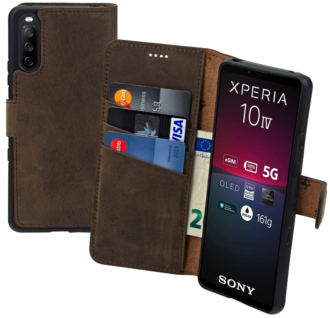 Suncase Book-Style Hülle kompatibel mit Sony Xperia 10 IV (2022) Leder Tasche (Slim-Fit) Lederhülle
