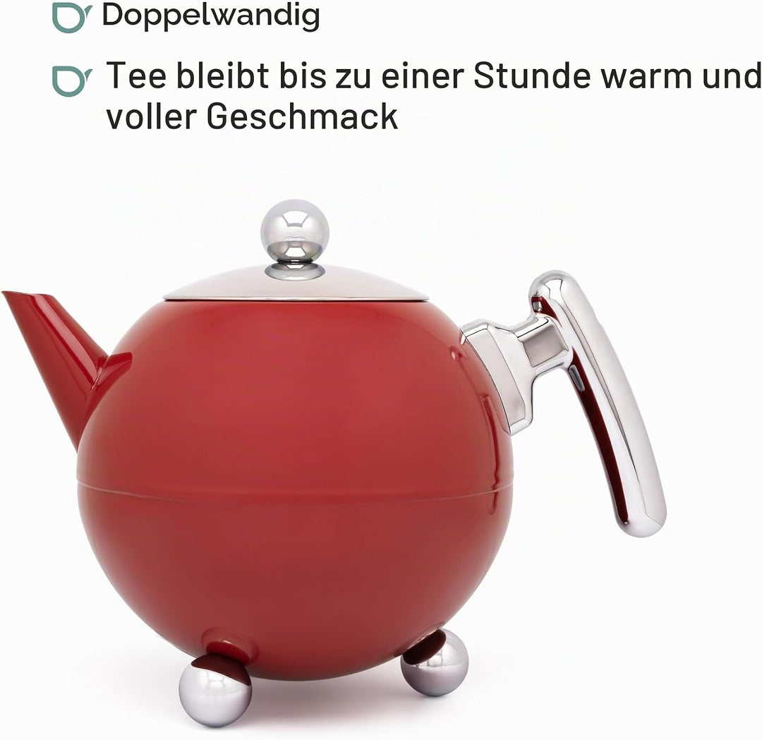 Bredemeijer rote bauchige doppelwandige Edelstahl Teekanne 1.2 Liter 160x241x181mm Rot, 160x241x181m
