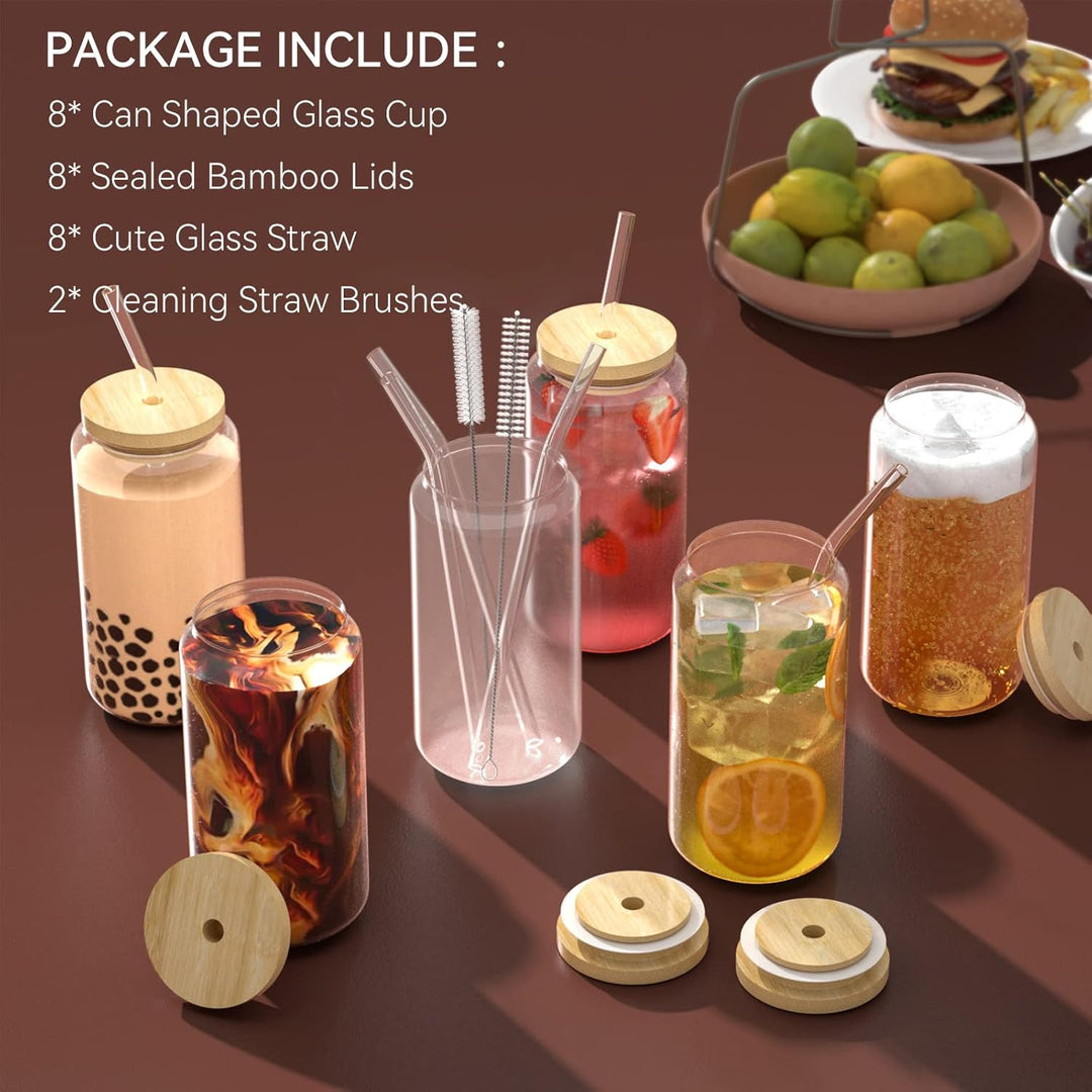 FINEW [8er Set] Trinkbecher Mit Deckel und Strohhalm Glas, 8er Cocktailgläser Set, 16oz/450ml Eiskaf