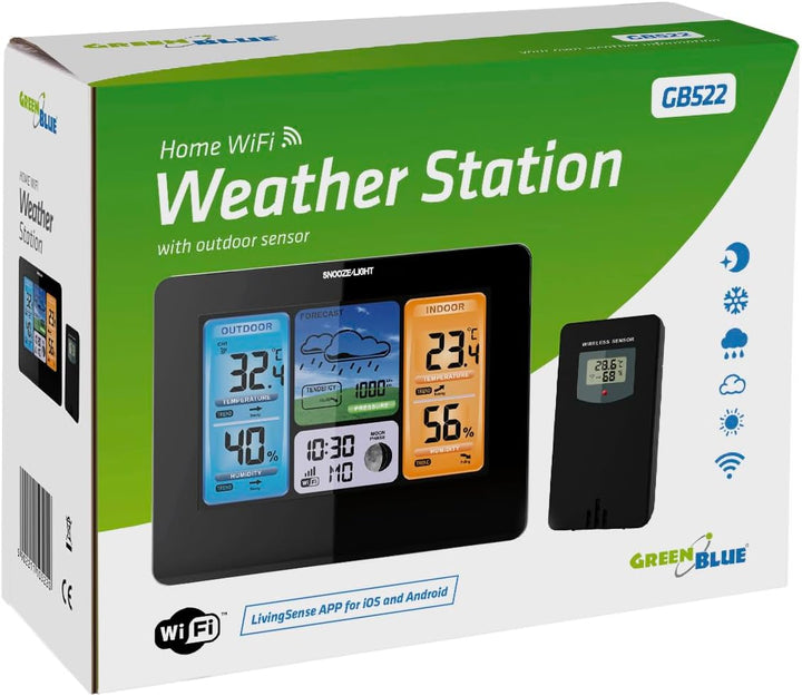 GreenBlue GB522 Wetterstation mit Wettertrendvorhersage WiFi App Funk Wetterstation mit Aussensensor