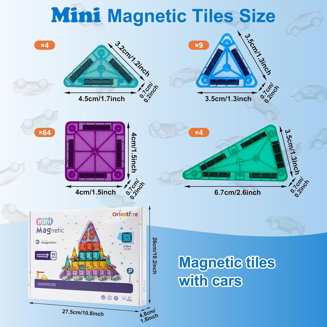 93 PCS Magnetic Tiles Mini Magnetic Building Tiles with Cars, Travel Magnetic Tiles with Storage Bag