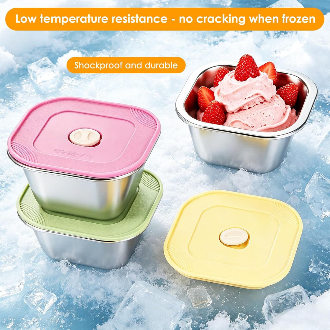 3 Stück Eisbehälter für Speiseeis, 400ml Edelstahl Eisbecher mit Silikondeckeln, Behälter für Eiscre