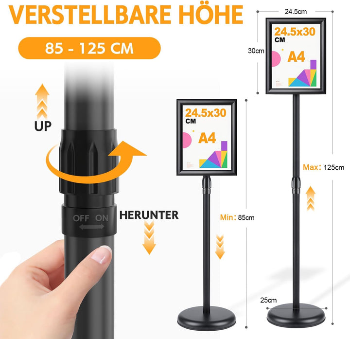 Infoständer DIN A4 210x297mm Höhenverstellbar Edelstahl informationsständer Schawrz (1), 1