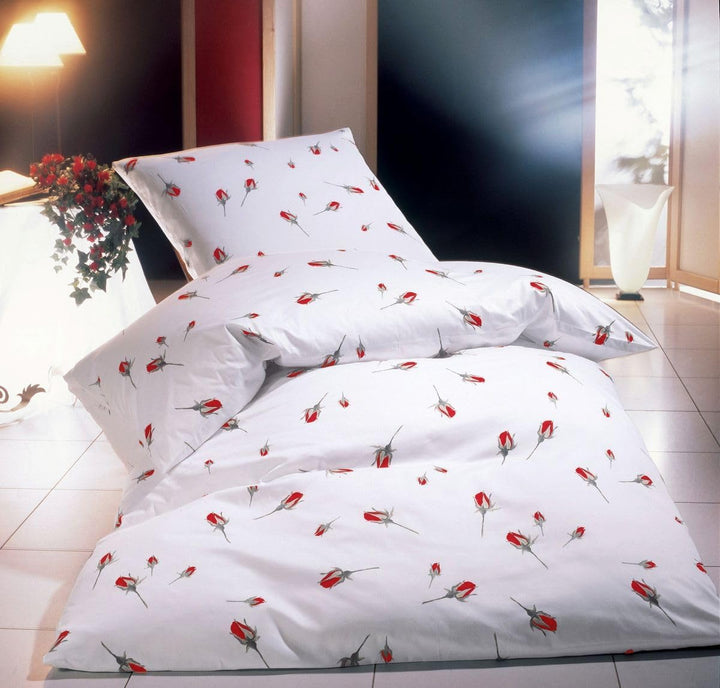 Kaeppel Mako Satin Bettwäsche 2 TLG. 155x220cm Rosen Rot Weiss Grün Knospen 155 cm x 220 cm Mehrfarb
