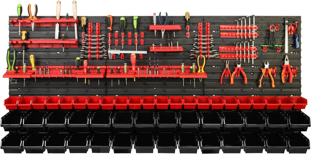 Lagersystem Werkstattregal | 172 x 78 cm | 50 stck. Box | Wandregal mit Werkzeughalterungen und Stap
