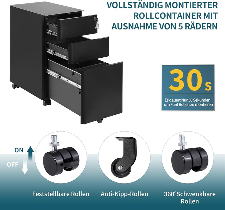 Rollcontainer, Aktenschrank, Schubladenschrank, Büroschrank aus Metall, Vormontiert, Abschliessbarer
