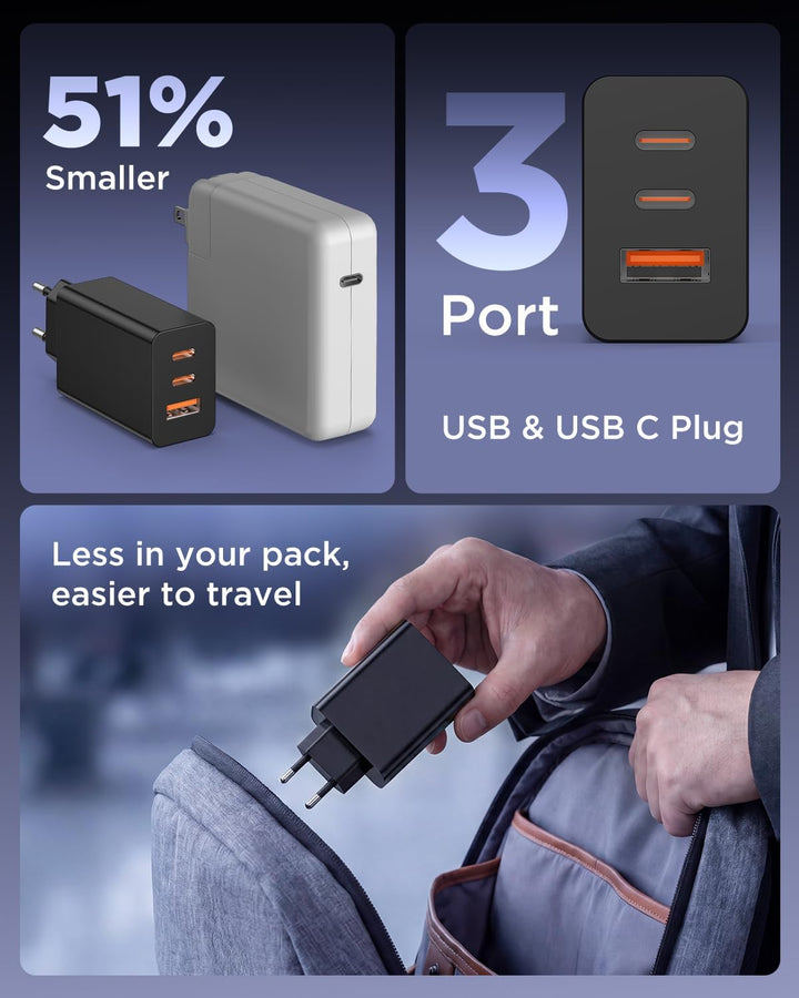 65W USB C Ladegerät für Samsung Galaxy S26/25 Ultra,3Ports Schnellladegerät USB mit Ladekabel 2M für