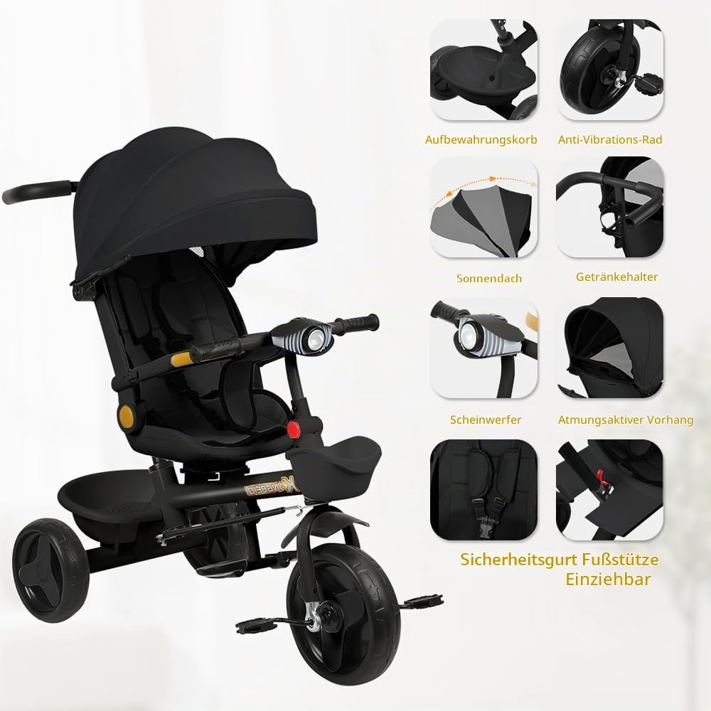 Multi-Funktions-Kinderdreirad, Dreirad 5 in1, Kleinkind-Dreiräder-Kinderwagen, mit Verstellbarem Sch