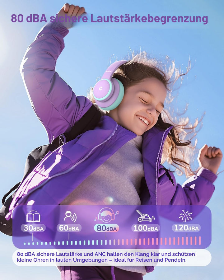 iClever Noise Cancelling Bluetooth Kopfhörer Kinder, 60 Spielzeit, Sichere Lautstärke 80 dBA, Typ-C-