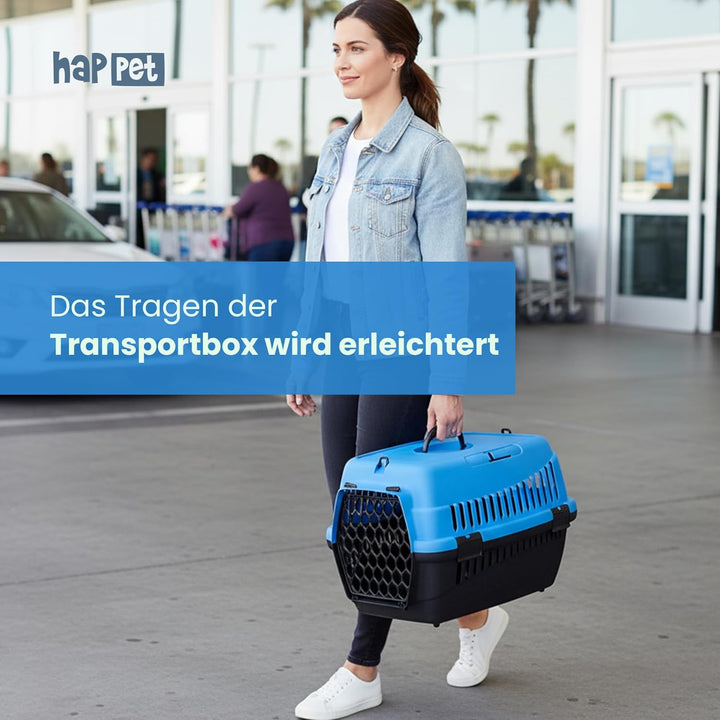HAPPET Tiertransportbox ABBA S Blau 50x33x33 cm – Robuste, gut belüftete Transportbox aus Kunststoff