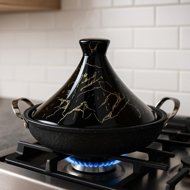 Royal Swiss Tajine 38 cm – Edelstahl mit Keramikdeckel & Dampfventil, Induktion & Alle Herdarten, En
