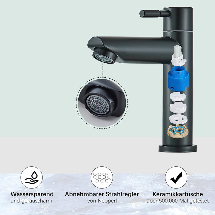 Suguword Schwarz Badarmatur Kaltwasser • Moderne Einhand-Armatur für Waschbecken mit 90mm Auslauf •