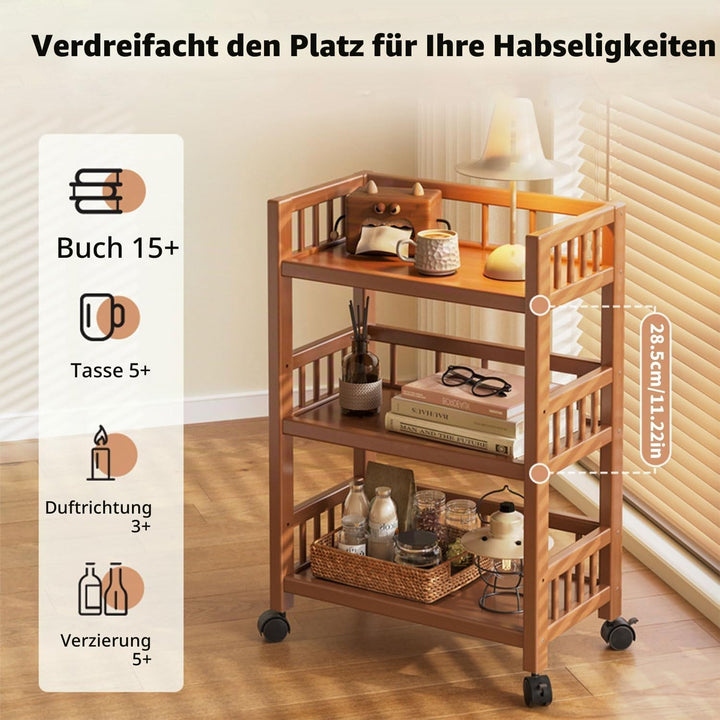 Servierwagen mit Rollen, Küchenwagen Holz 3 Ablagen, mobiler Rollwagen Allzweckwagen für Küche, Bad,