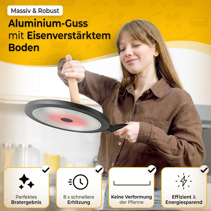 endusor Crepes Pfanne Induktion 26cm + Spatel &amp; Verteiler (Deutsche Buche)
