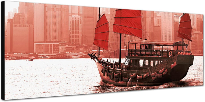 Paul Sinus Art Panoramabild auf Leinwand und Keilrahmen 150x50cm Hongkong Skyline Hafen Segelschiff