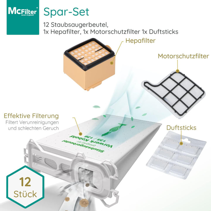 McFilter | Zubehör-Set 15-teilig geeignet für Vorwerk Kobold VK 135, 136, 135SC, 12 Staubsaugerbeute