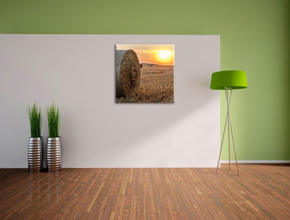 Strohballen auf Feld, Format: 70x70 auf Leinwand, XXL riesige Bilder fertig gerahmt mit Keilrahmen,