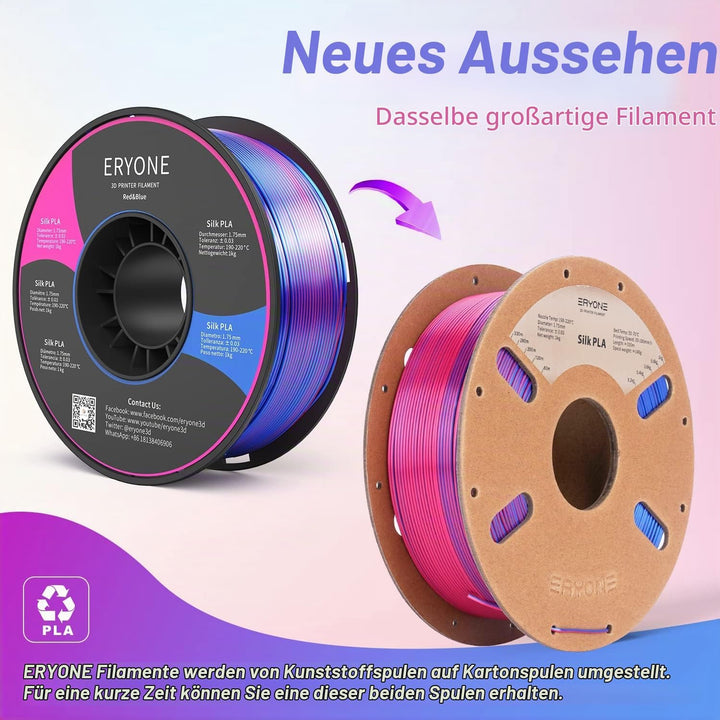 ERYONE Dual Zweifarbig PLA Filament 1.75mm, 3D Drucker Filament 1kg Spule +/- 0,02 mm, Rote und Blau